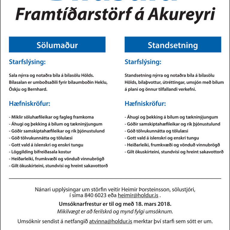 Framtíðarstörf á bílasölu Hölds